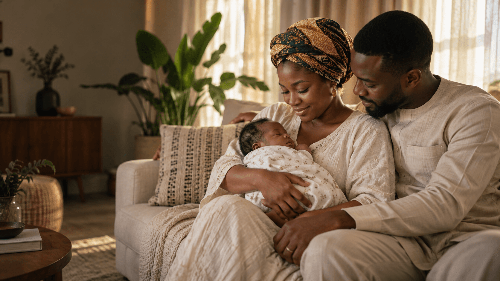 Parents holding their newborn baby at home