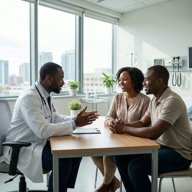 Doctor talking warmly with an African couple in a clinic