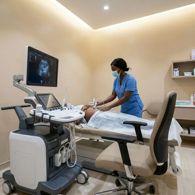 Modern high-resolution ultrasounds can instantly detect and map the exact location of uterine fibroids. A specialist performing a painless pelvic ultrasound